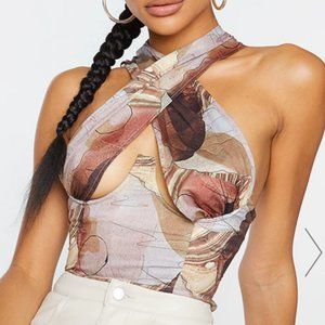 PLT Beige Woven Abstract Print Under Bust Halter Neck Cross Over Zip Corset